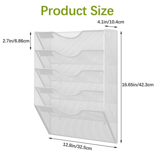 EasyPAG 5 Pocket Wall Mounted Mail Organizer, White | Metal Mesh Wall File Organizer | Hanging Magazine Document Holder with Label | Home Office Vertical Space Saving Paper Storage
