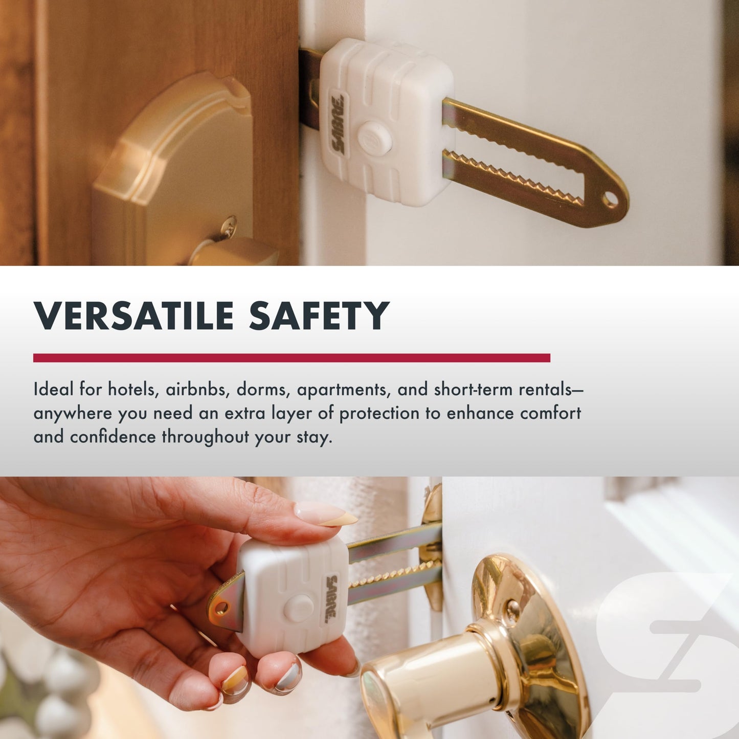 SABRE Compact Travel Door Lock, Portable Security Lock for Travel, Hotels, & Rentals, Withstands 650 lbs of Force, Installs in Seconds, No Tools Required, Lightweight & Small for Easy Carry