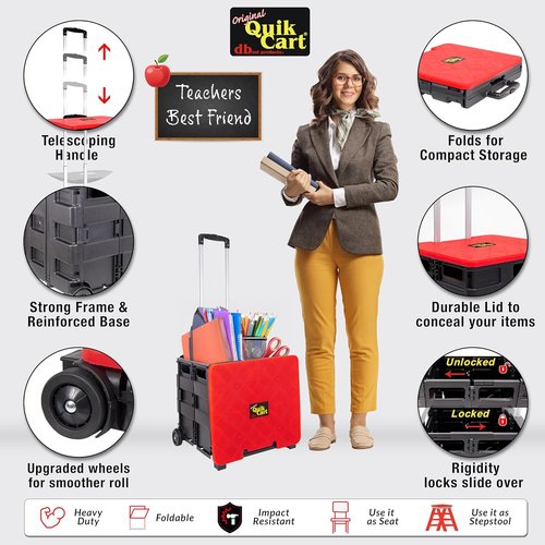 dbest Products Quik Cart - Collapsible Rolling Crate on Wheels | Heavy-Duty Tote Basket, 80 lbs Capacity, Red