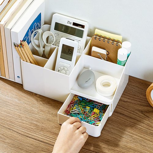 Shoccolt Desk Organizer with Drawer Large Capacity Bookends Stationary Supplies Bookshelf Accessories Pen Holder Caddy Makeup Storage Plastic Book Organizer (Large, Beige)
