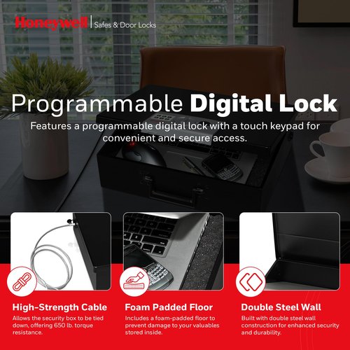 Honeywell Safes & Door Locks - Hideable Money Safe Box with Carry Handle - Fire Resistant Safe Document Box for Home - Metal Box with Digital Lock for Personal Items, Jewelry - 0.48-Cu - Black - 6110