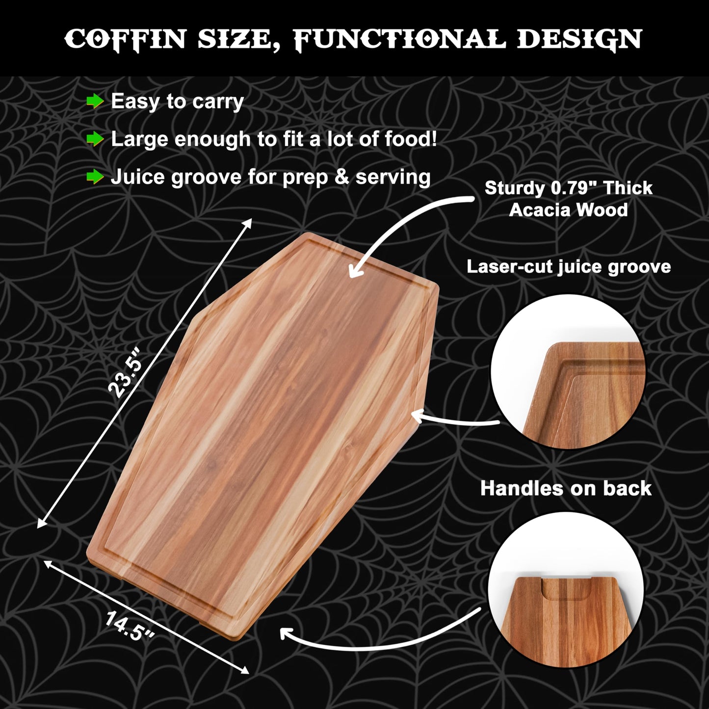 New - Giant Coffin Charcuterie Board - Extra Large Gothic Acacia Wood Coffin Shaped Cutting Board 23.5x14.5 inch, Halloween Wooden Serving Tray, Goth Platter, Spooky Decor Gifts