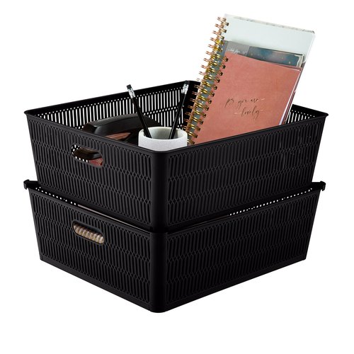Simplify 4Pk Shallow Slide 2 Stack It Tote Basket | Storage & Organization | Open Bins with Stackable Capability | Bathroom | Crafts | Pantry | Playroom | Office | Black