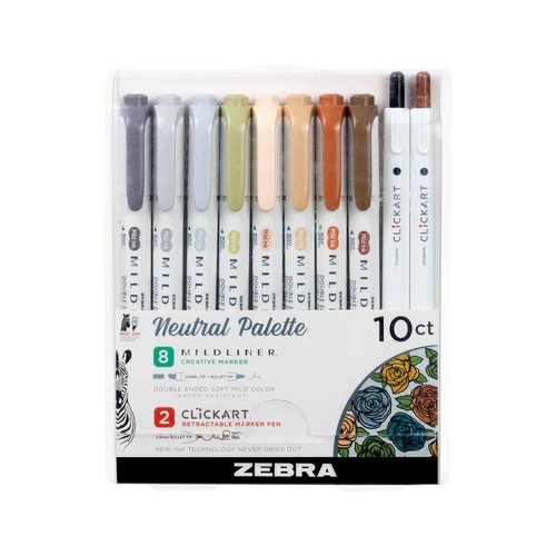 Zebra Pen Mildliner Double Ended Highlighter Set, Chisel and Bullet Point Tips & Neutral Palette Set, Includes 8 Mildliner Highlighters and 2 ClickArt Markers, Assorted