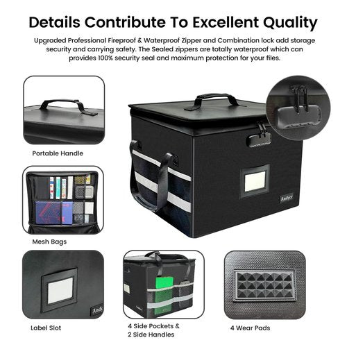 File Box with Lock, Fireproof Document Box with 10 Tab&Inserts, Collapsible File Organizer Filing Cabinet Box, Fire Proof Safe File Cabinets for Home Office Hanging Letter/Legal Folder