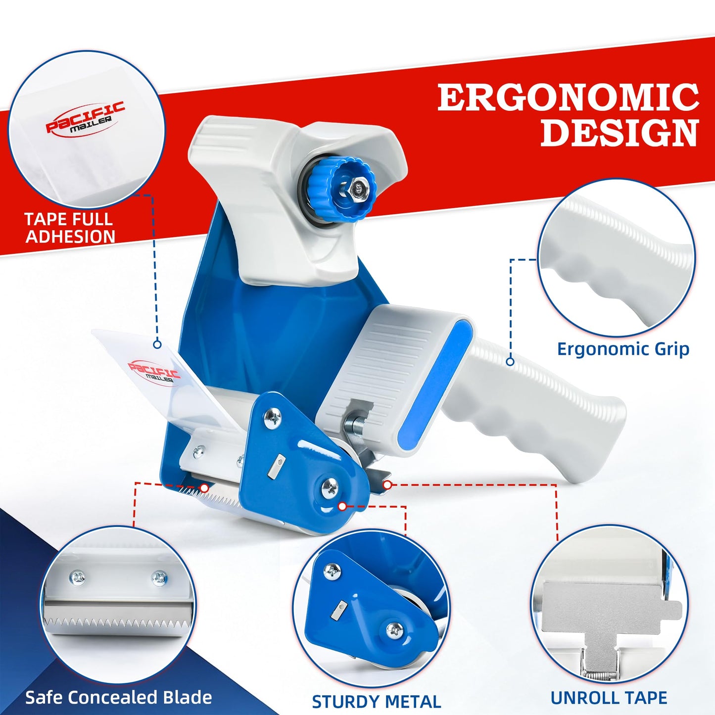 Pacific Mailer 2 Inch Tape Gun Dispenser with 2 Inch Carton Packing Tape, Lightweight Industrial Side Loading Tape Dispenser - Blue