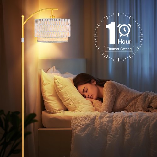 Rattan Floor Lamps for Living Room, Boho Standing Lamps with White Rattan& Linen Double Shades, Arc Lamps Floor Standing with 9W Bulb, Foot Switch, Gold Bohemian Floor Lamps for Bedroom, Office-Drum