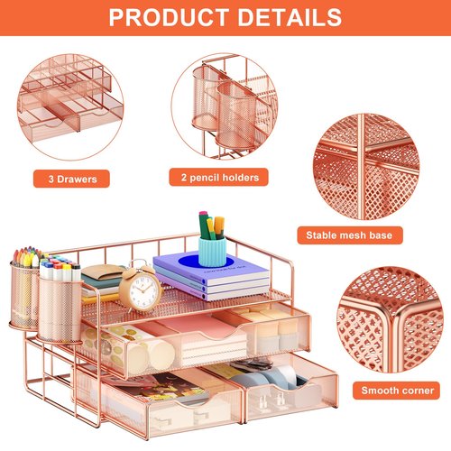 Marbrasse 3 Tier Mesh Desk Organizer with Drawer, Multi-Functional Desk Organizers and Accessories, Paper Letter Organizer with 2 Pen Holder for Home Office Supplies - Rose Gold