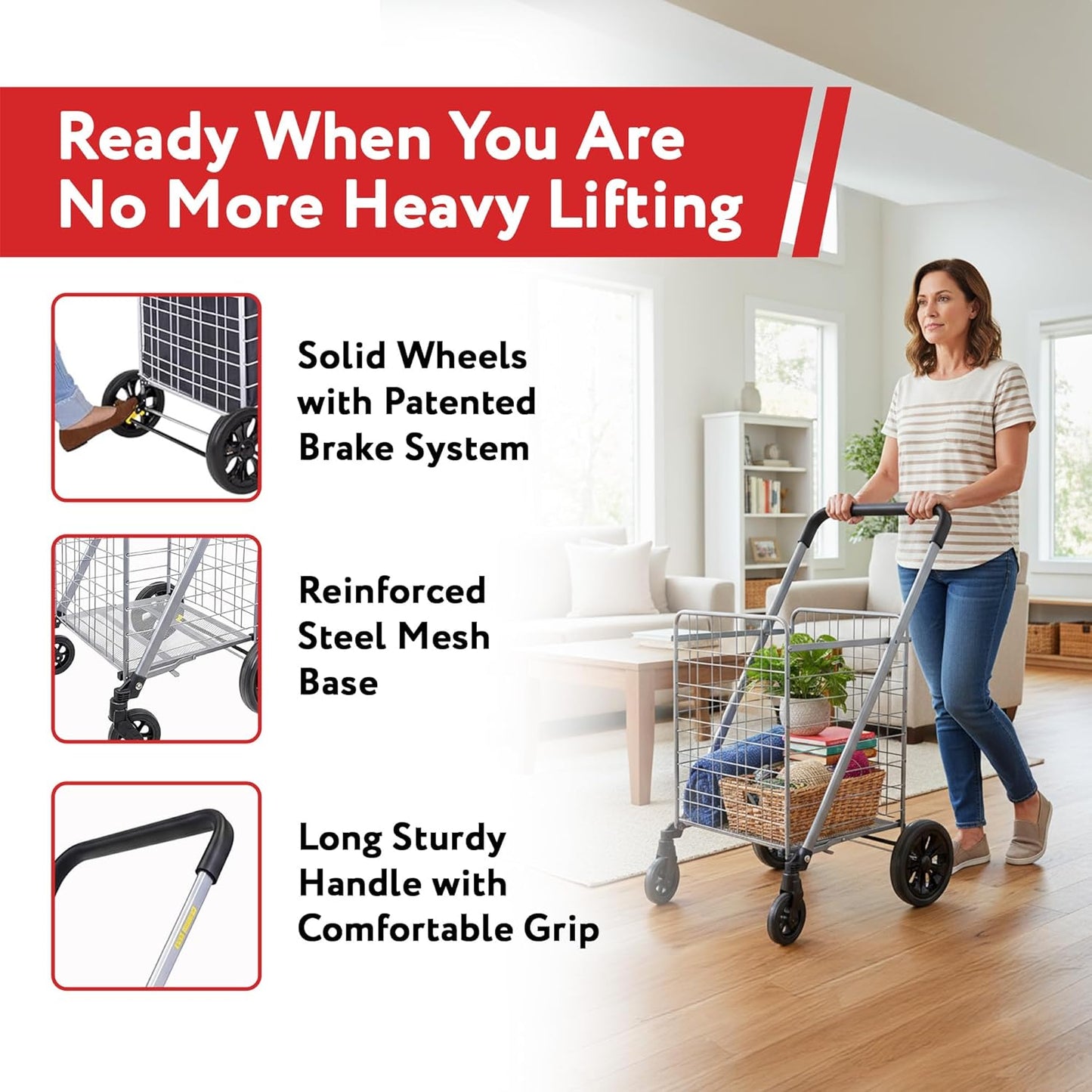 **dbest Products Cruiser Cart Deluxe - Heavy-Duty Foldable Shopping Cart with Wheels & Brake - 100 lbs Capacity, Silver Alloy Steel**
