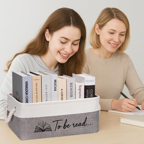 EraGleeVibe Book Storage Basket TBR Book Lover Gifts to Be Read Organizer Bin with Handles Bookworm Gift for Student Teacher Home Classroom Reading Decorative Box Bookish Accessories (Grey)