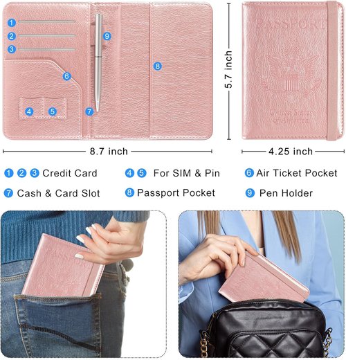 ACdream RFID Blocking Passport Holder - Premium PU Leather Travel Wallet with Card & Pen Holder - Rose Gold