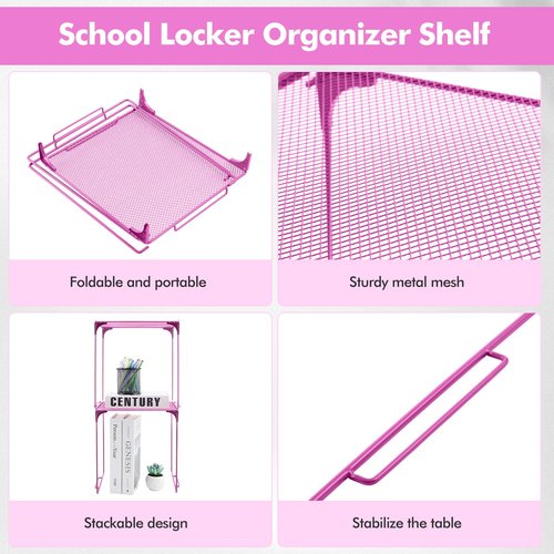 Ninehaoou 3 Pack School Locker Organizer and Decorating Kit, Collapsible and Metal Mesh Build, Locker Organizer Shelf and Rugs for Classroom School (Hot Pink)