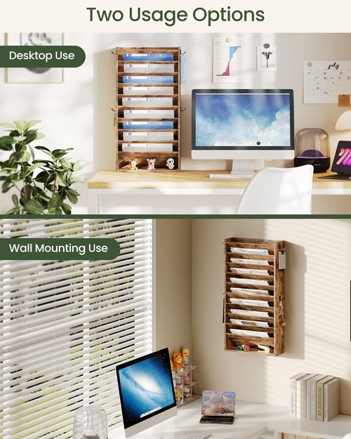 CHOEZON Wall File Organizer, 10-Tier Hanging Mail Organizer, Wall Mount File Holder with 4 Side Hooks, Mail and Storage Organizer, Wooden Vertical Hanging Holder for Office, Rustic Brown MWJ03FG