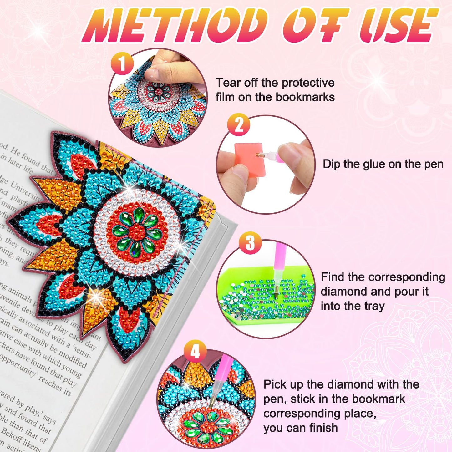 WIVICO 4 pcs Diamond Painting Bookmarks, DIY Diamond Art Kits for Adults, Book Corner - Protecting Bookmark Craft Supplies Kits for Book Lovers(Mandala B)