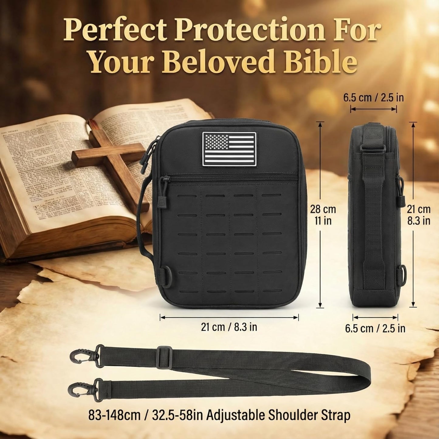 Skiennix Tactical Bible Cover - Large Water Resistant Case with Shoulder Strap & US Flag Patch | Multi-Pocket Design for Church & Travel