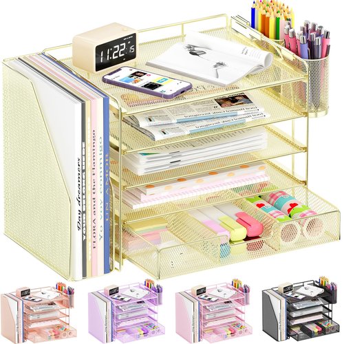 OPNICE Desk Organizers and Accessories, 5-Tier Paper File Organizer with Drawer & Pen Holder, Office Desk Accessories Workspace Desktop Organizer for Office Supplies(Gold)