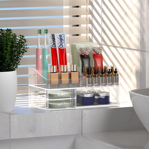 HEMTROY Acrylic Desk Organizer with 3 Drawer, Office Organizer, Multi-Functional Desk Caddy, Large Desktop Storage Box for Home, Cabinet, Bathroom, Office Art Supplies(Clear)