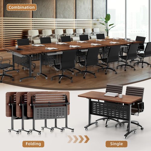 LoLuco Conference Table, Mobile Folding Conference Room Table with Wheels, Seminar Table with Flip-Top Design for Offices, Meeting Rooms and Classrooms (Black Walnut Desktop + Black Base, 63×24×30in)