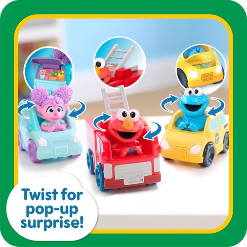 Just Play Sesame Street Twist and Pop Wheelies - 3-Pack Preschool Toy Vehicles for Kids Ages 2+