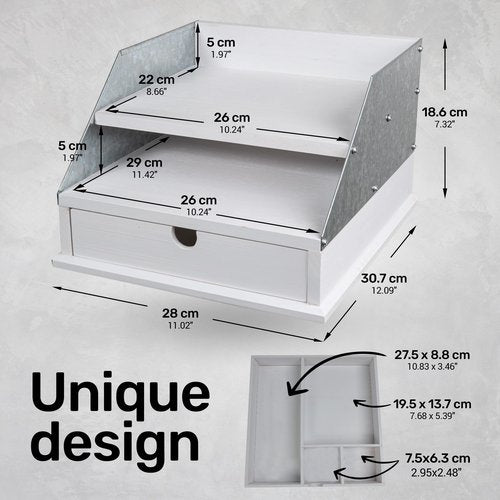 MissionMax White Country Steel Farmhouse Rustic Desktop Organizer with Two Shelves for Paper, Mail, Files, Magazines and a Drawer for Supply Storage