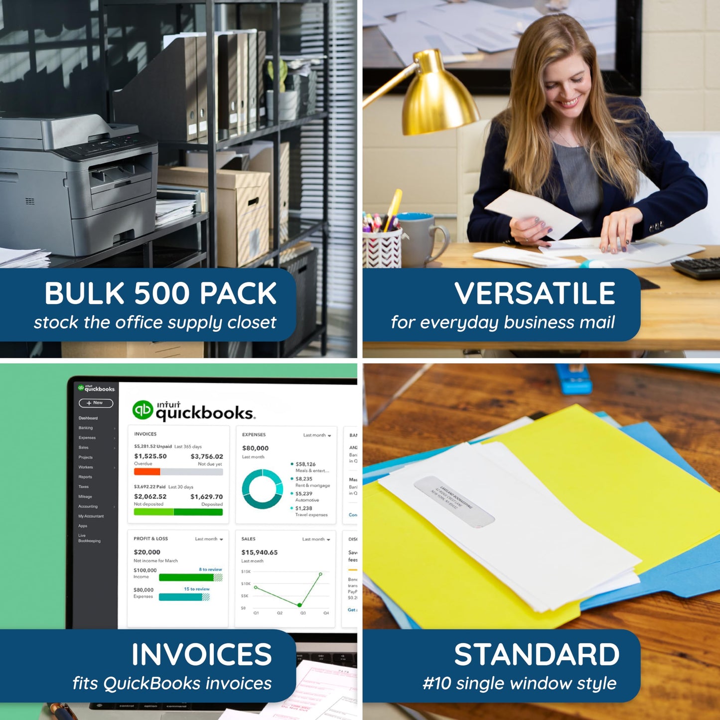 Blue Summit 500 Left Window Envelopes Self Seal #10 -QuickBooks Invoices, Checks and Letter Size Business Statements - Single Window Envelopes Self Seal #10 with Security Tint. 4 1/8 X 9 1/2, 500 Pack