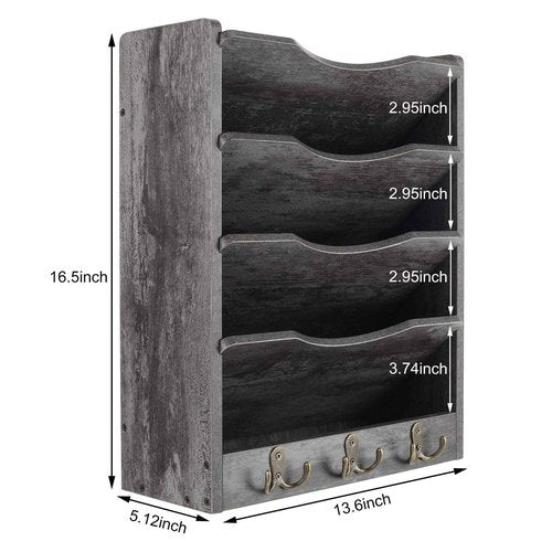 PAG 5-Tier Wall File Holder Hanging Mail Organizer Wood Magazine Literature Rack with 6 Hooks, Dark Gray