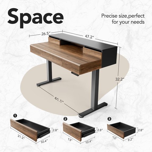 HUANUO Electric Height Adjustable Standing Desk - 48 Inches with Drawers & Monitor Shelf | Black Walnut