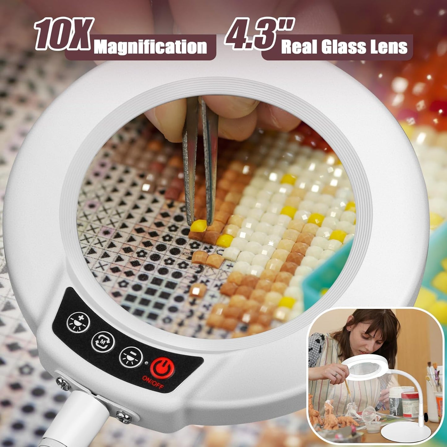 10X Magnifying Glass - LED Lighted Desk Lamp with Flexible Goose-Neck & 5 Color Modes - White