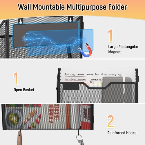 Docnest 3 Pack Magnetic Wall Mounted File Holders,Mesh Letter Organizer with Hooks, Magnetic Hanging Mail Paper Document Organizer for Office, Home, School, Black