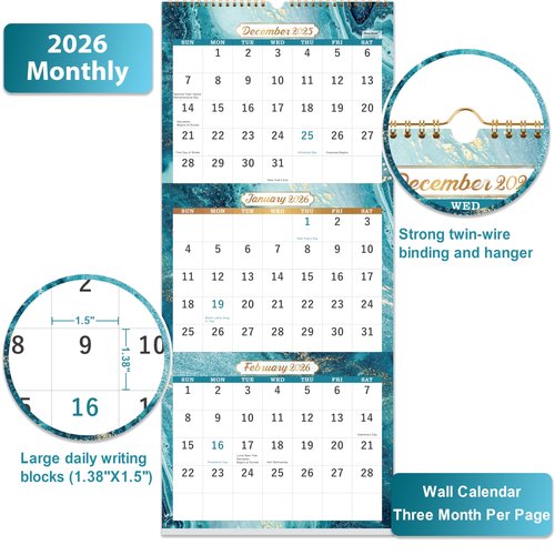 2026 Wall Calendar - 3 Month Calendar 2026, Dec. 2025 - Jan. 2027, 11" x 26", 14 Months Calendar (Vertical), Large, Lay- Flat Design