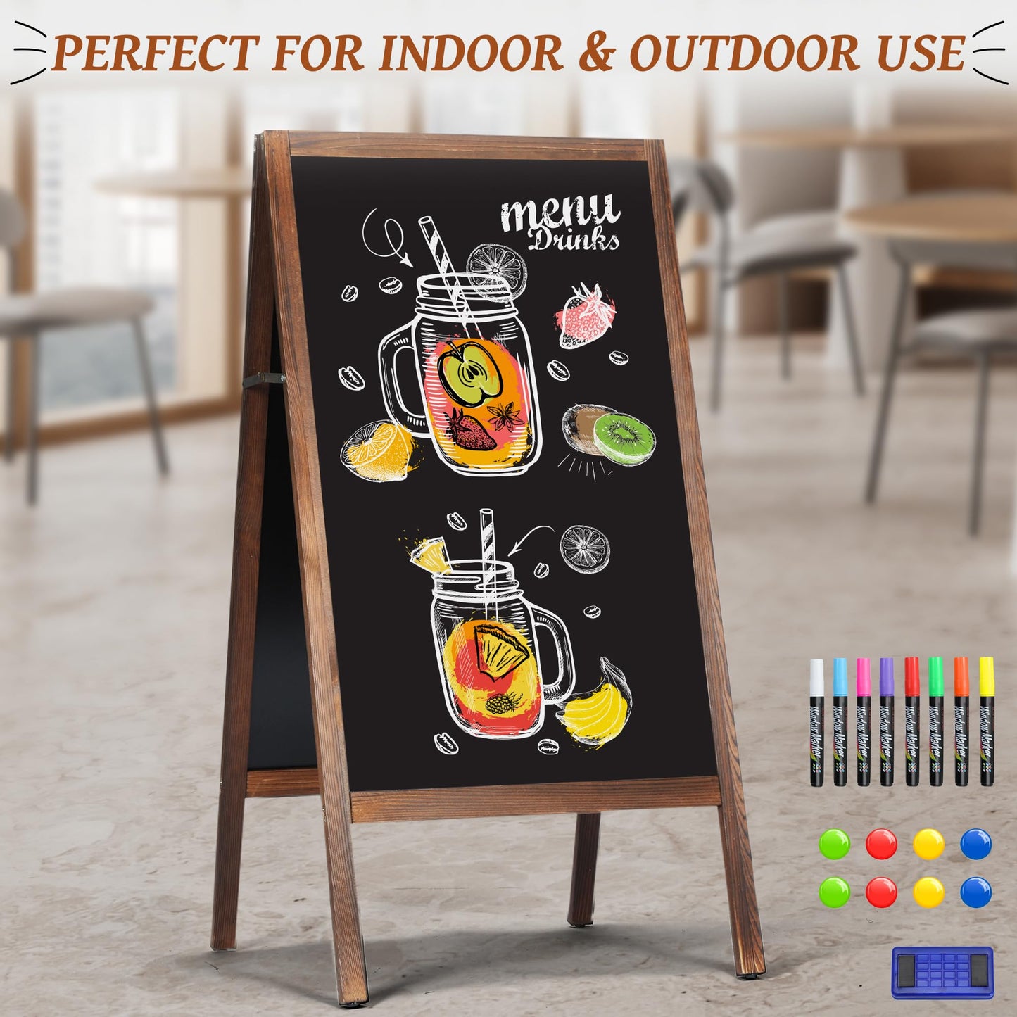 A Frame Chalkboard Sign, 40" x 20" Extra Large Wooden A-Frame Sign Board with Chalk Marker, Double-Sided Magnetic Sidewalk Chalkboard Easel Display for Restaurant, Business, Wedding