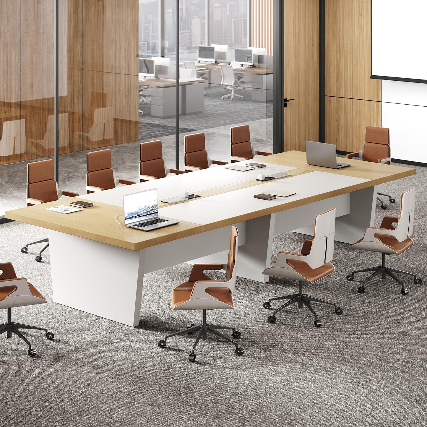10 ft Conference Table for 10 People, Large Meeting Table with Built-In Power Outlet, Cable Management & 2-Inch Thickened Tabletop, Office Conference Room Table, Walnut and Grey, 118"L x 52"W x 30"H