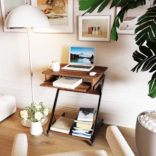 ALISENED Computer Desk for Small Spaces,23.6" Z-Shaped Compact Study Table with Smooth Keyboard Tray,with Wheels and Bottom Shelves for Home Office，Computer Cart Mobile Laptop Cart