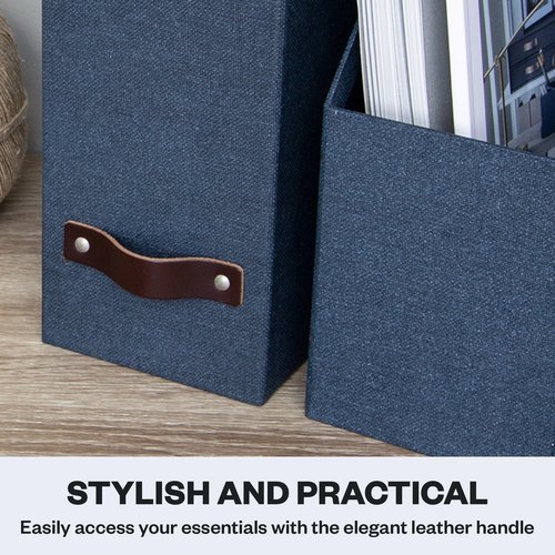 Bigso Box of Sweden Estelle Canvas Fiberboard Upright Magazine Holder and Organizer for Papers and Catalogs with Leather Handle - Magazine File Holder for Office Desks - 12.6in x 4.5in x 9.8in - Blue