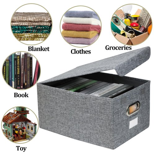 Set of 2 Large Storage Bin with Lid, Sturdy Linen Foldable Storage Bins for Organizing, 17x12x8.8", Clothes Storage Containers, Organizer Box for Clothing, Sweater, Sheet, Office, Wardrobe, Car