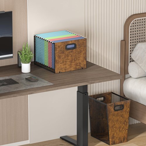 Piskyet Wooden Hanging File Organizer for desk, Metal Mesh File Folder Organizer Crate Cabinet Storage Box with Handle for Home Office Desk,Letter - Size,Rustic Brown