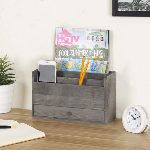 MyGift Rustic Gray Solid Wood Office Desk Supplies and Stationery Organizer, 5 Slot Wooden Desktop Mail Sorter, Document and Magazine Holder with Pull Out Drawer