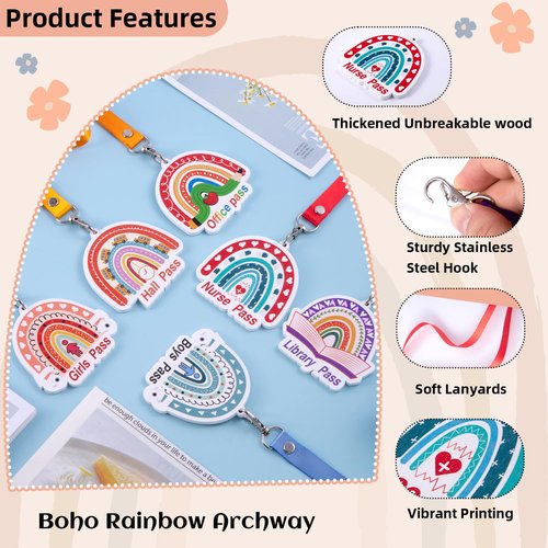 12 Sets Wooden Boho Rainbow Hall Passes for Classrooms Elementary Back to School Unbreakable Hall Pass Lanyards and School Passes Unbreakable Bathroom Passes for Classrooms Hall Library Nurse Office