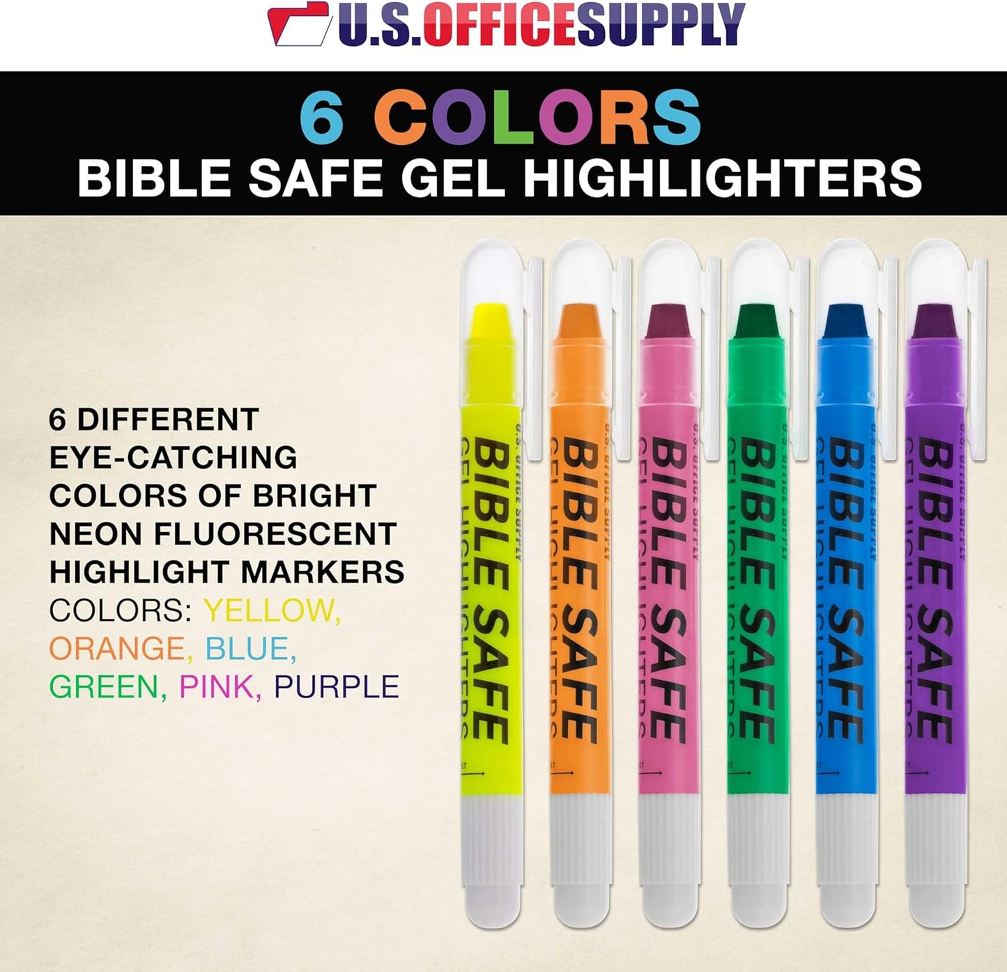U.S. Office Supply Bible Safe Highlighter Set - 6 Bright Fluorescent Colors, No Bleed Gel Markers