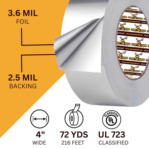 Buck Aluminum Foil Tape – 4 Inch x 216ft (72 yd), 3.6 Mil – HVAC Tape for Ductwork, AC, Dryer Vents & Insulation – Silver Foil Tape for Metal Repair, Exhaust Sealing & Air Conditioning (1 Pack)
