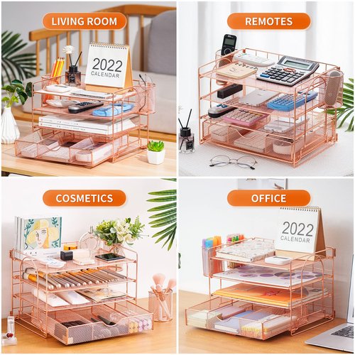Lavatino 4-Tier Desk Paper Letter Tray Organizer for Desk Accessories & Workspace Organizers with Drawer and 2 Pen Holder for Home, School, Office Supplies Storage (Rose Gold)