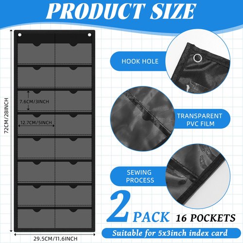 AmazingSpark 2 Pack 2 Pack 3'' x 5'' Index Card Holder Sleeve 16 Slot Plastic Organizer Hanging Wall Mount Business Note Cardholder PVC Clear Organizer Pocket for Classroom Office Library Home (black)
