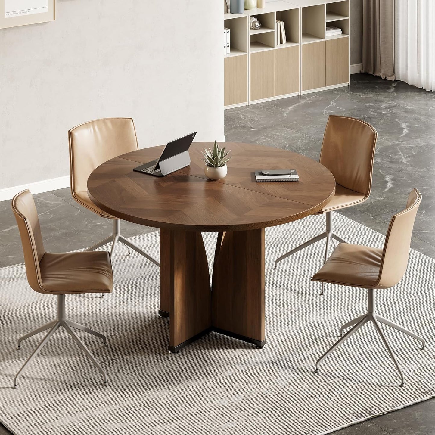 LITTLE TREE 39-Inch Small Conference Table for 4, Round Meeting Table with X-Shape Pedestal, for Office, Conference Room, Small Spaces, Black