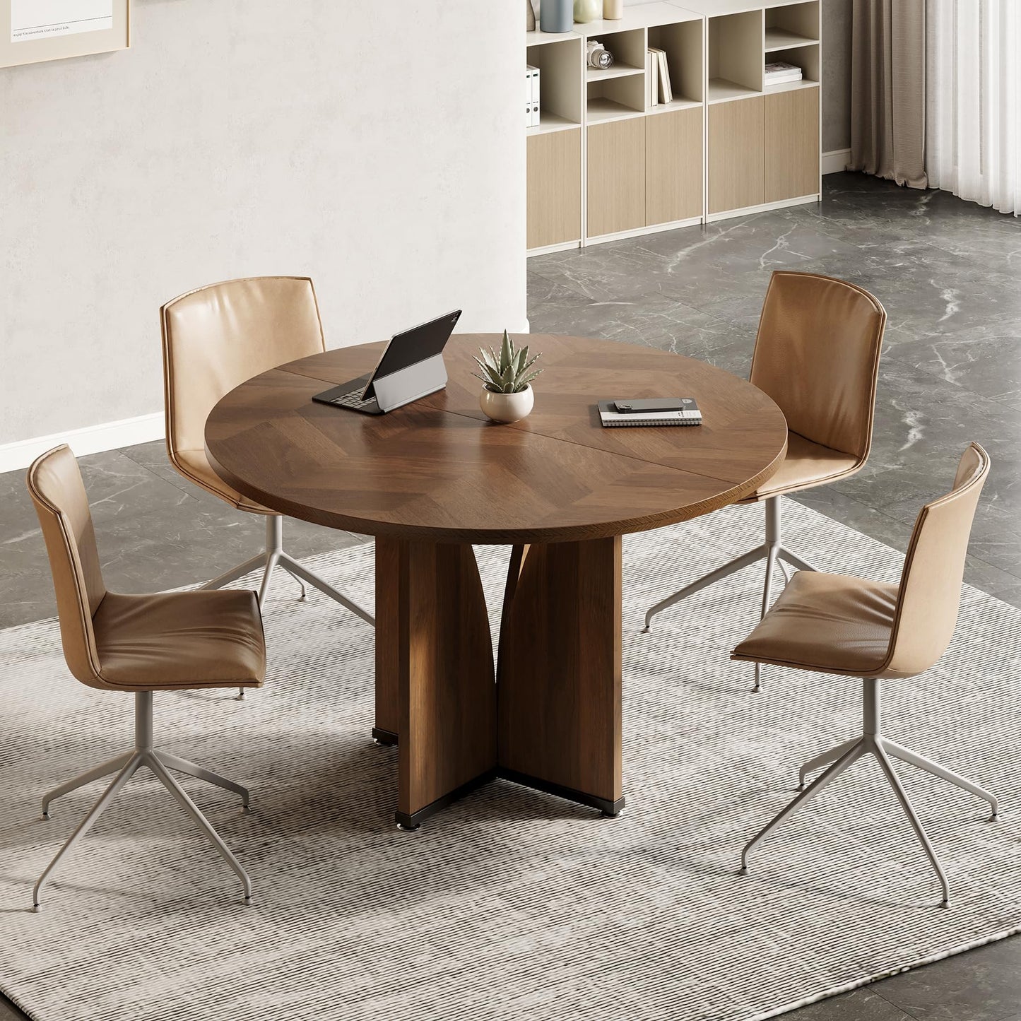 LITTLE TREE 39-Inch Small Conference Table for 4, Round Meeting Table with X-Shape Pedestal, for Office, Conference Room, Small Spaces, Dark Brown