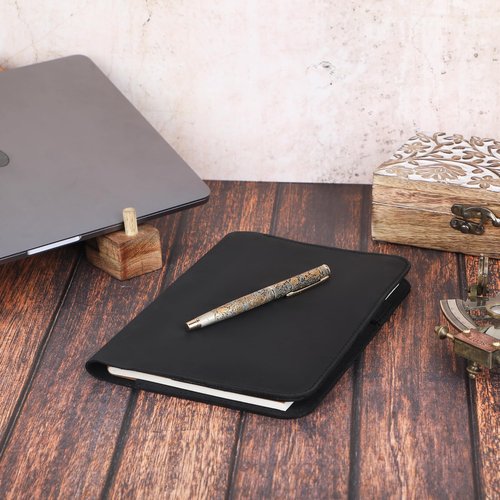 TheAntiq Black A5 Leather Journal Cover - Refillable & Stylish Notebook Protector 6x9 inches with Pocket, Card Slots, Pen Holder for Men & Women - Handmade Leather Diary Cover for Travelers & Writers