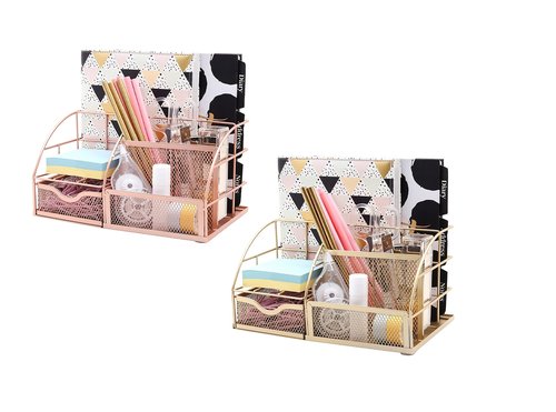 Exerz Desk Organizer Golden Office Desk Accessories Supplies Office Storage Desktop Pencil Pen Holder with Drawer Home Workspace