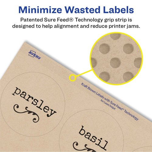 Avery Kraft Brown Round Labels with Sure Feed Technology, 2.5" Diameter, Print to The Edge, Laser/Inkjet Printable Labels, 5 Packs of 22808, 1,125 Total