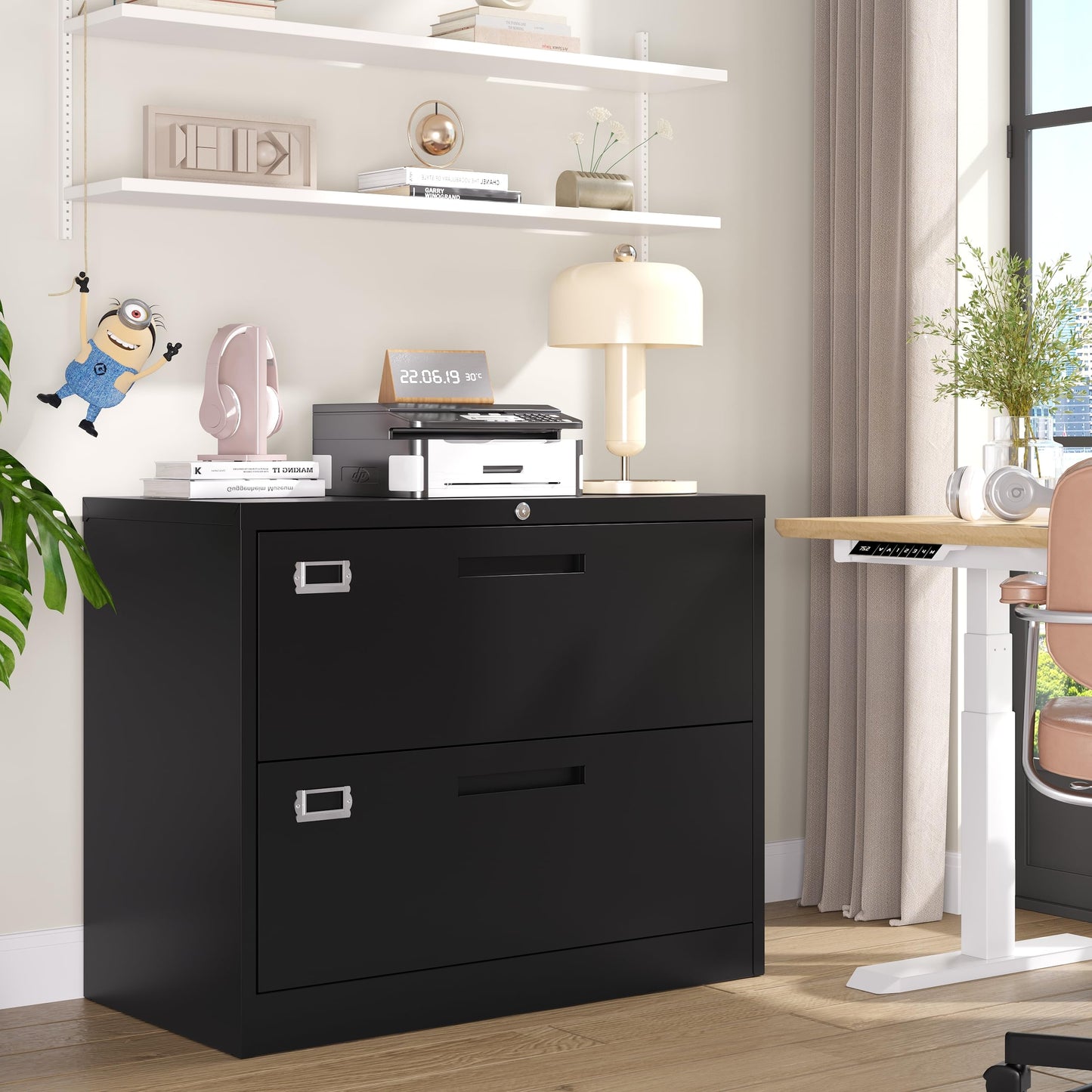 BYNSOE 2 Drawer Lateral File Cabinet Metal Filing Cabinet with Lock Office Home Steel Lateral File Cabinet for A4 Legal/Letter Size Lockable Wide Metal Cabinet,Assembly Required(2 Drawer, Black)