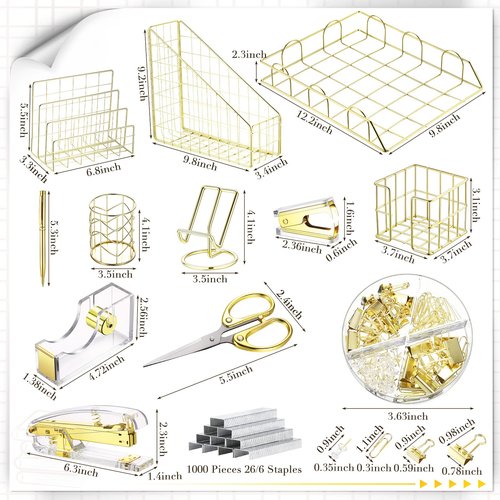 Yaomiao 13 Pcs Desk Accessories Kit Organizer Office Supplies Women Back to School Gift Acrylic Stapler Staple Remover Tape Holder Pen Cup Magazine File Letter Clip Phone Holder Scissor(Gold)