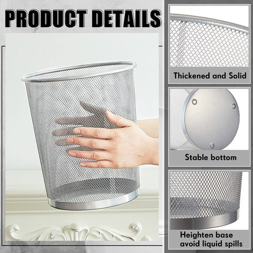 Zeyune 6 Pack Silver Office Trash Can Bulk Mesh Trash Can 4 Gallon Metal Wire Mesh Waste Paper Basket Round Small Garbage Bin for Office Bathroom Home Bedroom Kitchen Dorm